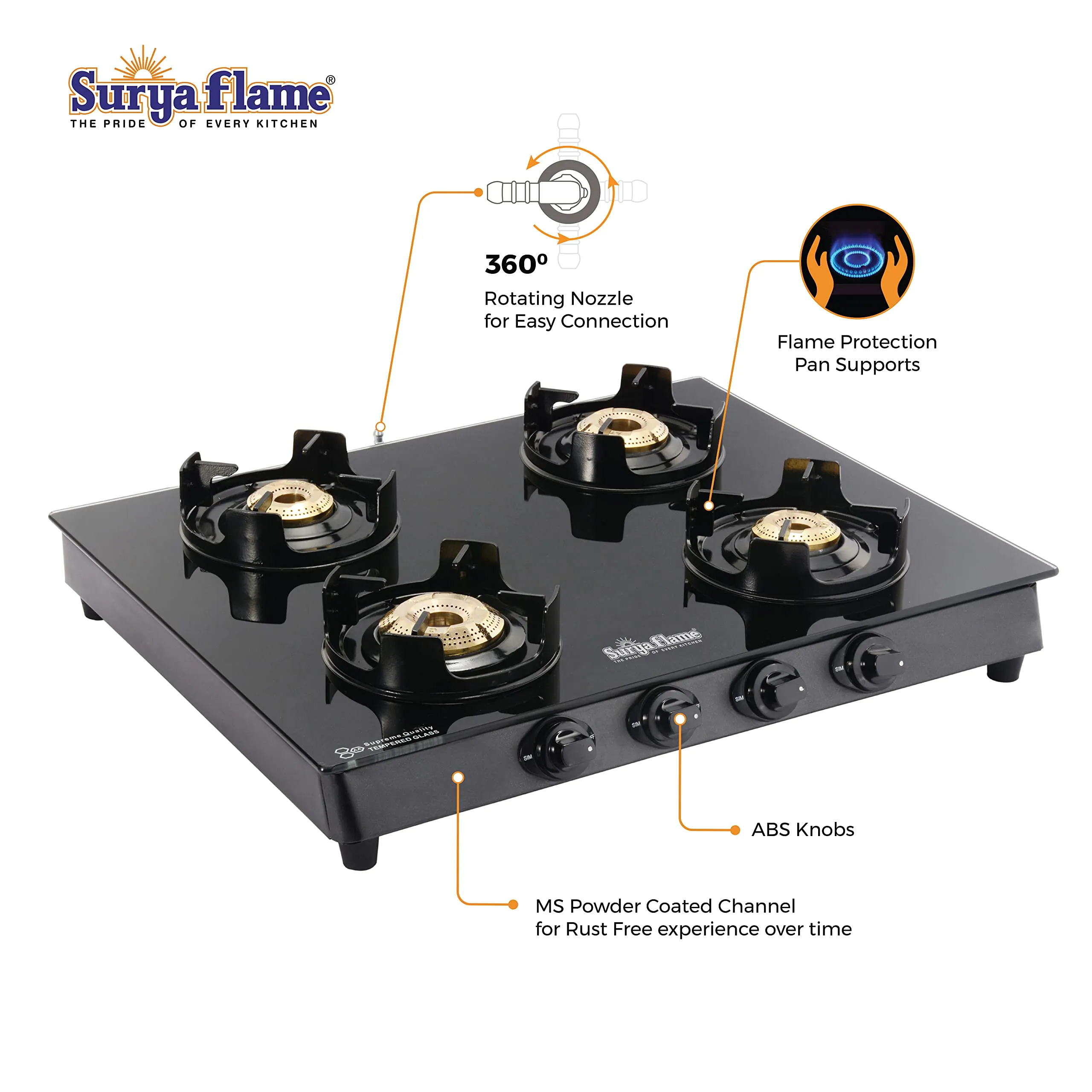 Surya Flame Black Beauty Gas Stove 4 Burners Glass Top LPG Stove | LPG Gas Dual Layer Rubber Hose Pipe 1.5M | Chrome Stainless Steel Gas Lighter (Pack of 2)