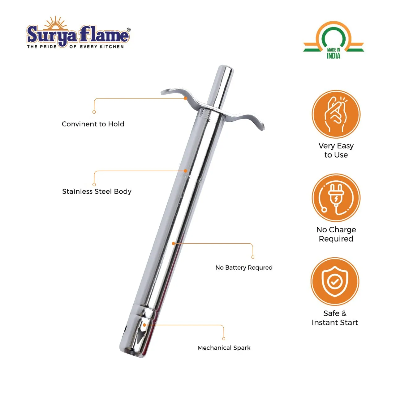 Surya Flame Black Beauty Gas Stove 4 Burners Glass Top LPG Stove | LPG Gas Dual Layer Rubber Hose Pipe 1.5M | Chrome Stainless Steel Gas Lighter (Pack of 2)