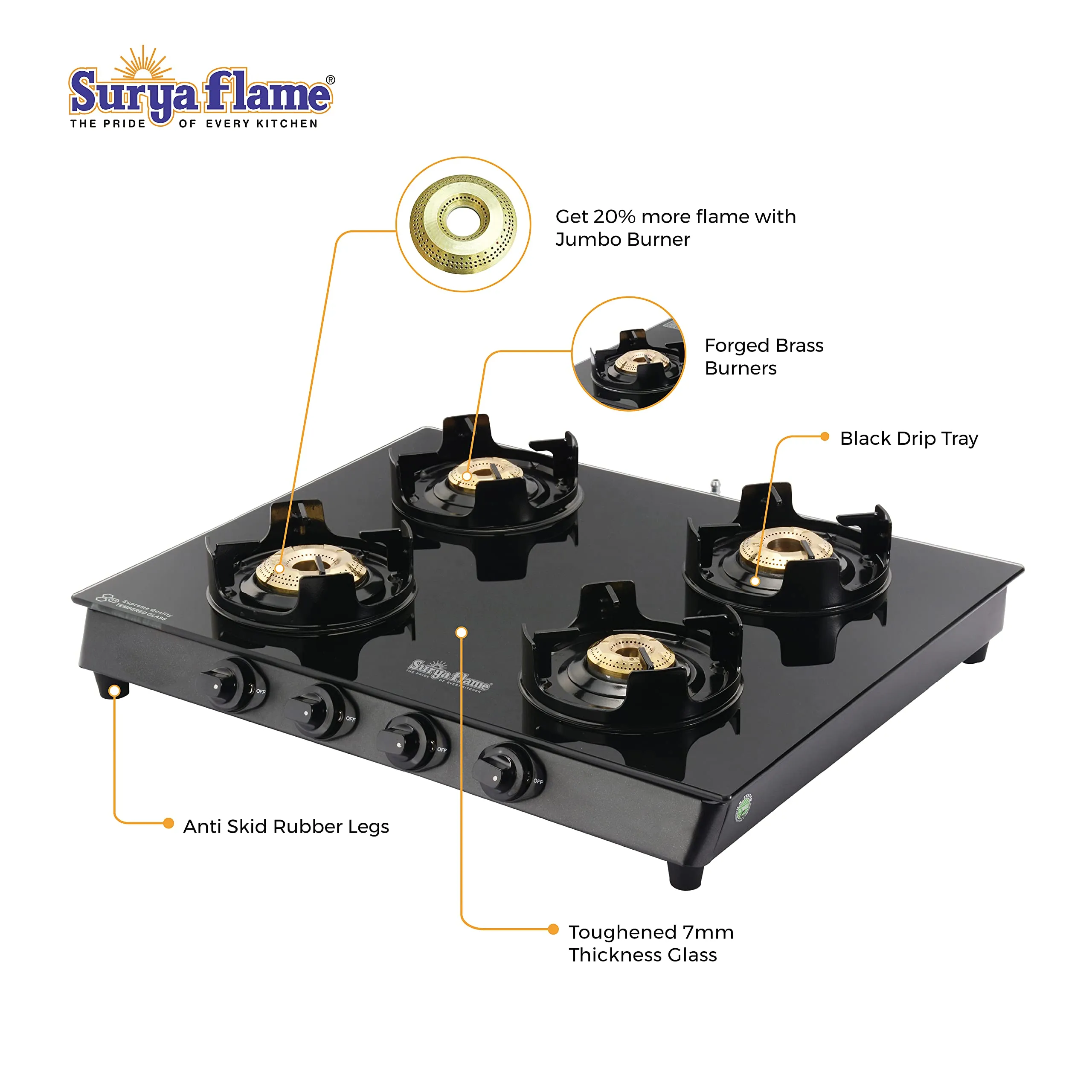 Surya Flame Black Beauty Gas Stove Glass Top | LPG Stove with Flame Protection Pan Support | Anti Skid Legs | 2 Years Complete Doorstep Warranty - Black (4 Burner, 2)