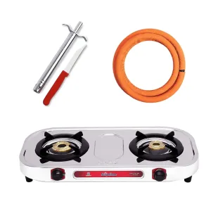 Surya Flame Costa Gas Stove 2 Burners Manual LPG Stove | LPG Gas Dual Layer Rubber Hose Pipe 1.5M | Premier Stainless Steel Gas Lighter with Knife