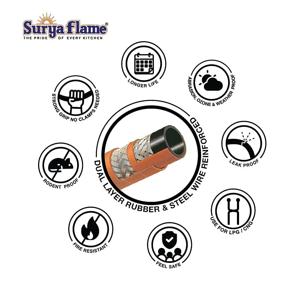 Surya Flame Costa Gas Stove 2 Burners Manual LPG Stove | LPG Gas Dual Layer Rubber Hose Pipe 1.5M | Premier Stainless Steel Gas Lighter with Knife