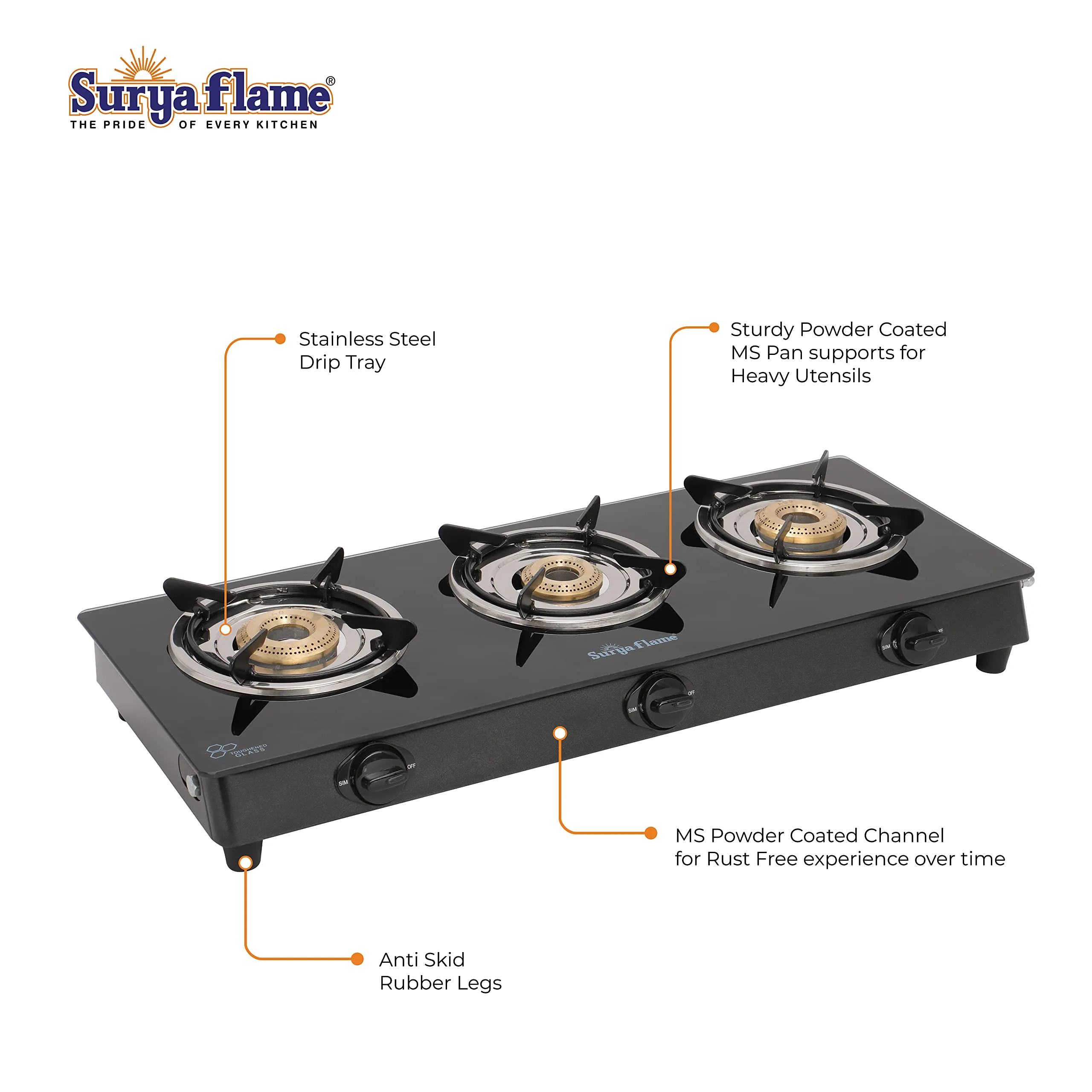 Surya Flame Lifestyle Gas Stove 3 Burners Glass Top LPG Stove | LPG Gas Dual Layer Rubber Hose Pipe 1.5M | Chrome Stainless Steel Gas Lighter (Pack of 2)