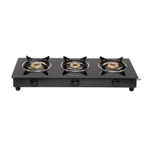 Surya Flame Lifestyle Gas Stove Glass Top | Powder Coated Black Body LPG Stove with 69% Thermal Efficiency - 2 Years Complete Doorstep Warranty (3 Burner, 2)