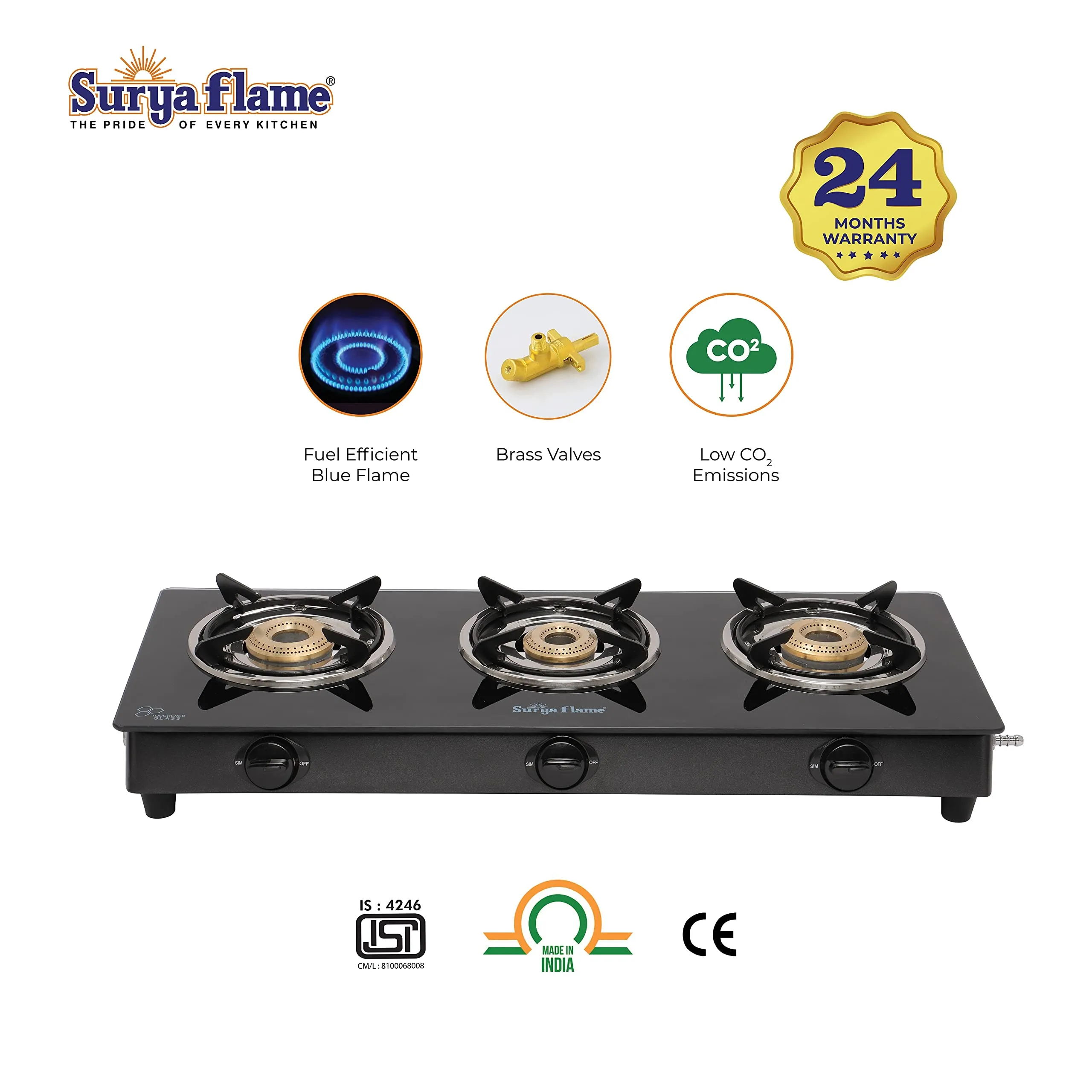 Surya Flame Lifestyle Gas Stove Glass Top | Powder Coated Black Body LPG Stove with 69% Thermal Efficiency - 2 Years Complete Doorstep Warranty (3 Burner, 2)