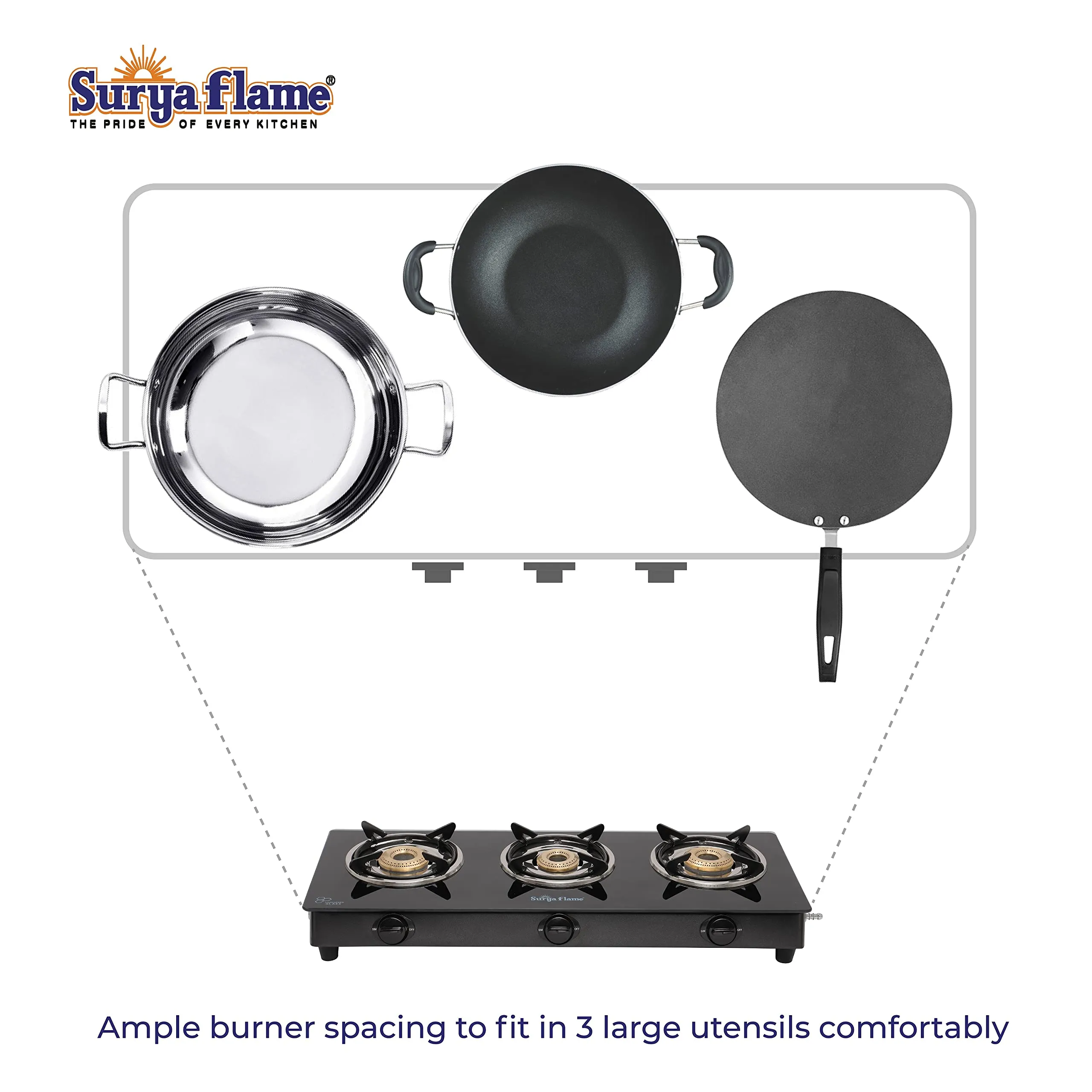 Surya Flame Lifestyle Gas Stove Glass Top | Powder Coated Black Body LPG Stove with 69% Thermal Efficiency - 2 Years Complete Doorstep Warranty (3 Burner, 2)