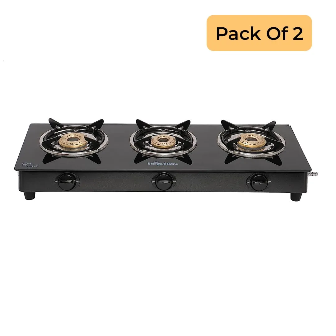 Surya Flame Lifestyle Gas Stove Glass Top | Powder Coated Black Body LPG Stove with 69% Thermal Efficiency - 2 Years Complete Doorstep Warranty (3 Burner, 2)