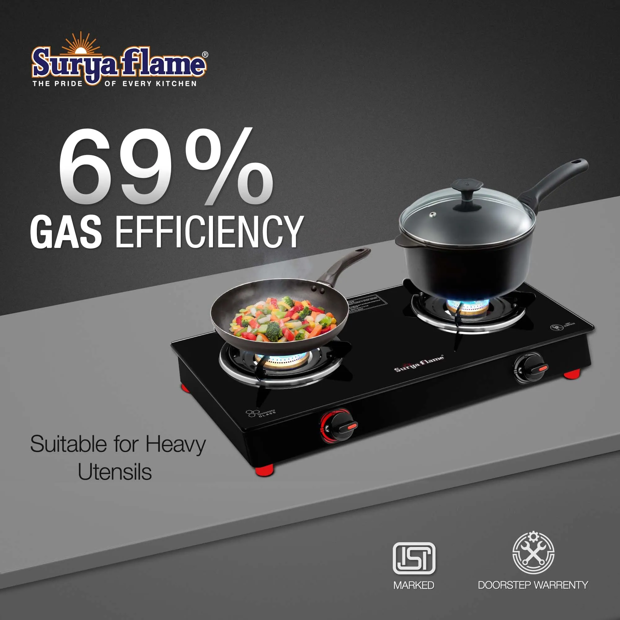 Surya Flame LPG Gas Stove 2Burner with Brass Smart Glass Top Cooktop ISI Certified Doorstep Services 2 Years (Double Burner Black)