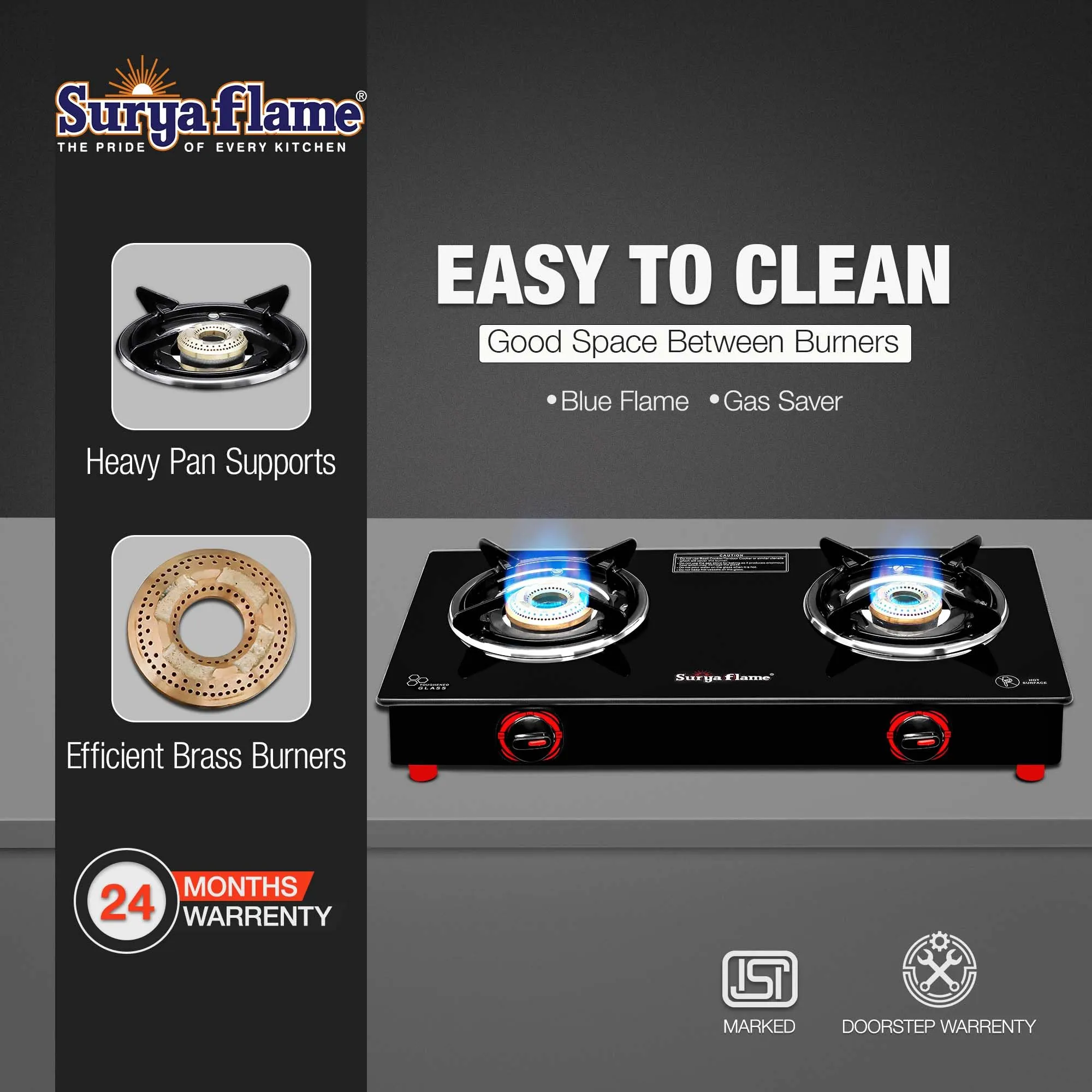 Surya Flame LPG Gas Stove 2Burner with Brass Smart Glass Top Cooktop ISI Certified Doorstep Services 2 Years (Double Burner Black)