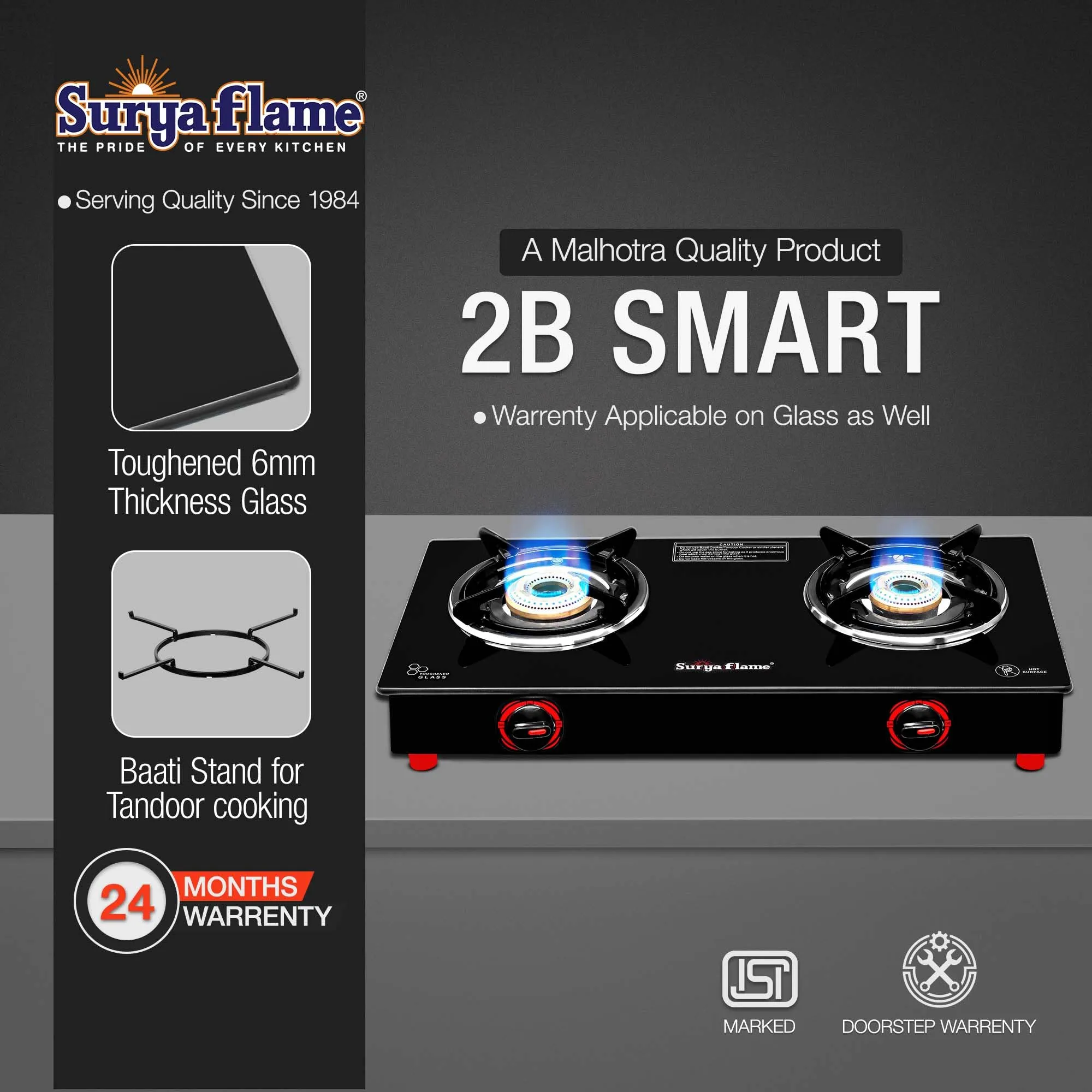 Surya Flame LPG Gas Stove 2Burner with Brass Smart Glass Top Cooktop ISI Certified Doorstep Services 2 Years (Double Burner Black)