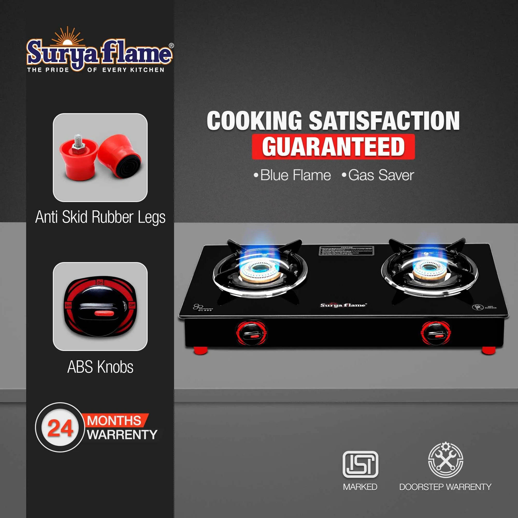 Surya Flame LPG Gas Stove 2Burner with Brass Smart Glass Top Cooktop ISI Certified Doorstep Services 2 Years (Double Burner Black)