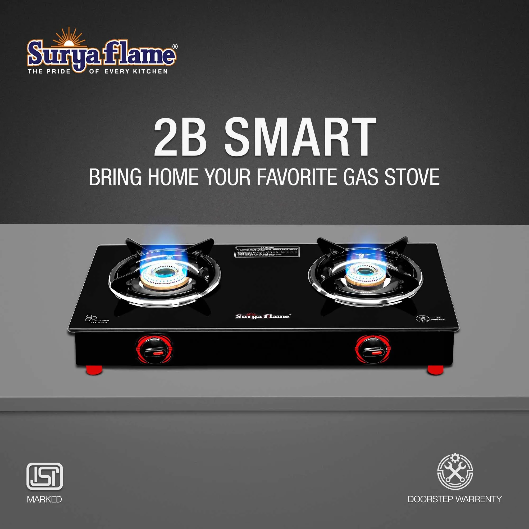 Surya Flame LPG Gas Stove 2Burner with Brass Smart Glass Top Cooktop ISI Certified Doorstep Services 2 Years (Double Burner Black)