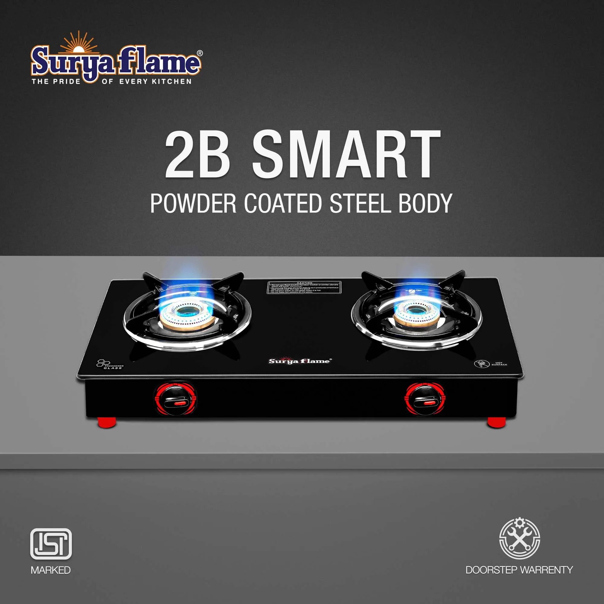 Surya Flame LPG Gas Stove 2Burner with Brass Smart Glass Top Cooktop ISI Certified Doorstep Services 2 Years (Double Burner Black)