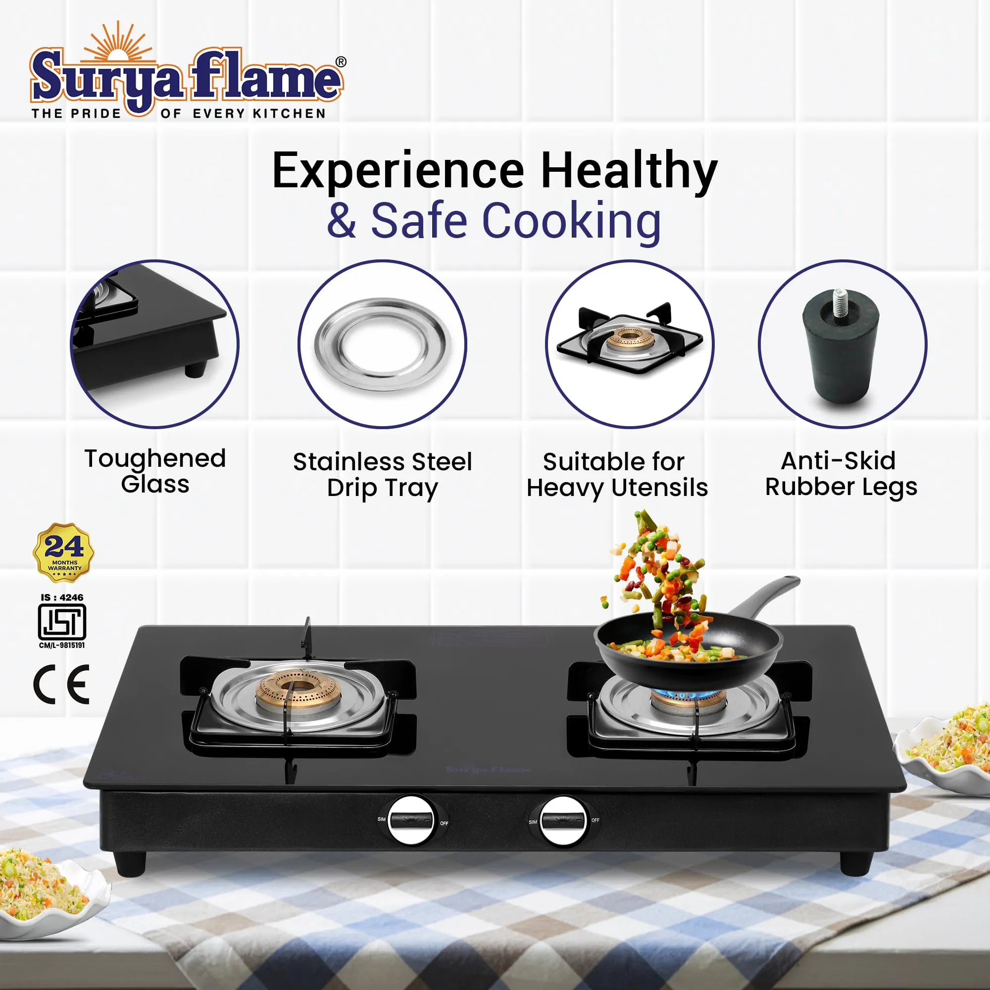 Surya Flame Nexa 3 Burner LPG Gas Stove | Glass Top With Stainless Steel Body | 2 Years Complete Door Step Warranty Including Glass