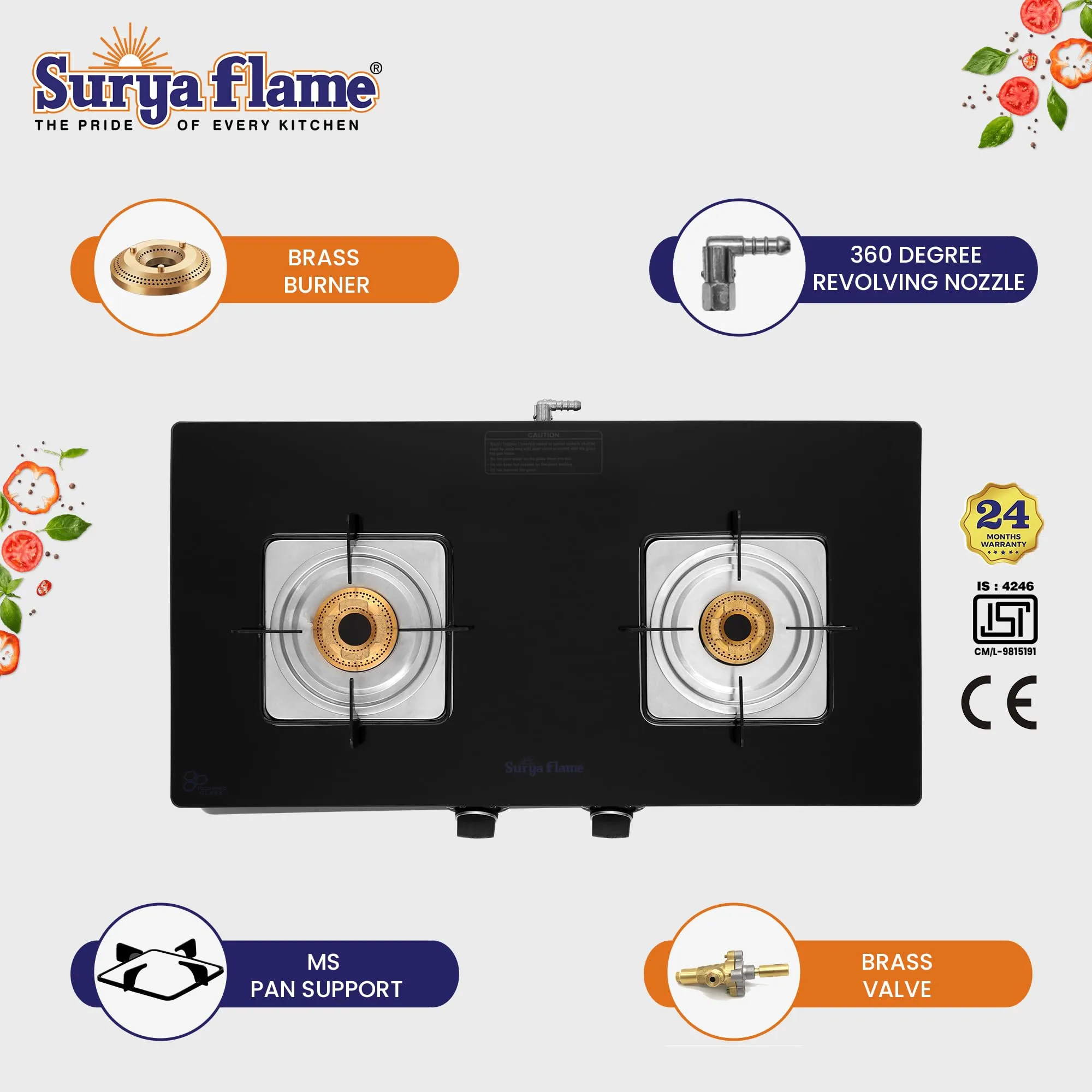 Surya Flame Nexa 3 Burner LPG Gas Stove | Glass Top With Stainless Steel Body | 2 Years Complete Door Step Warranty Including Glass