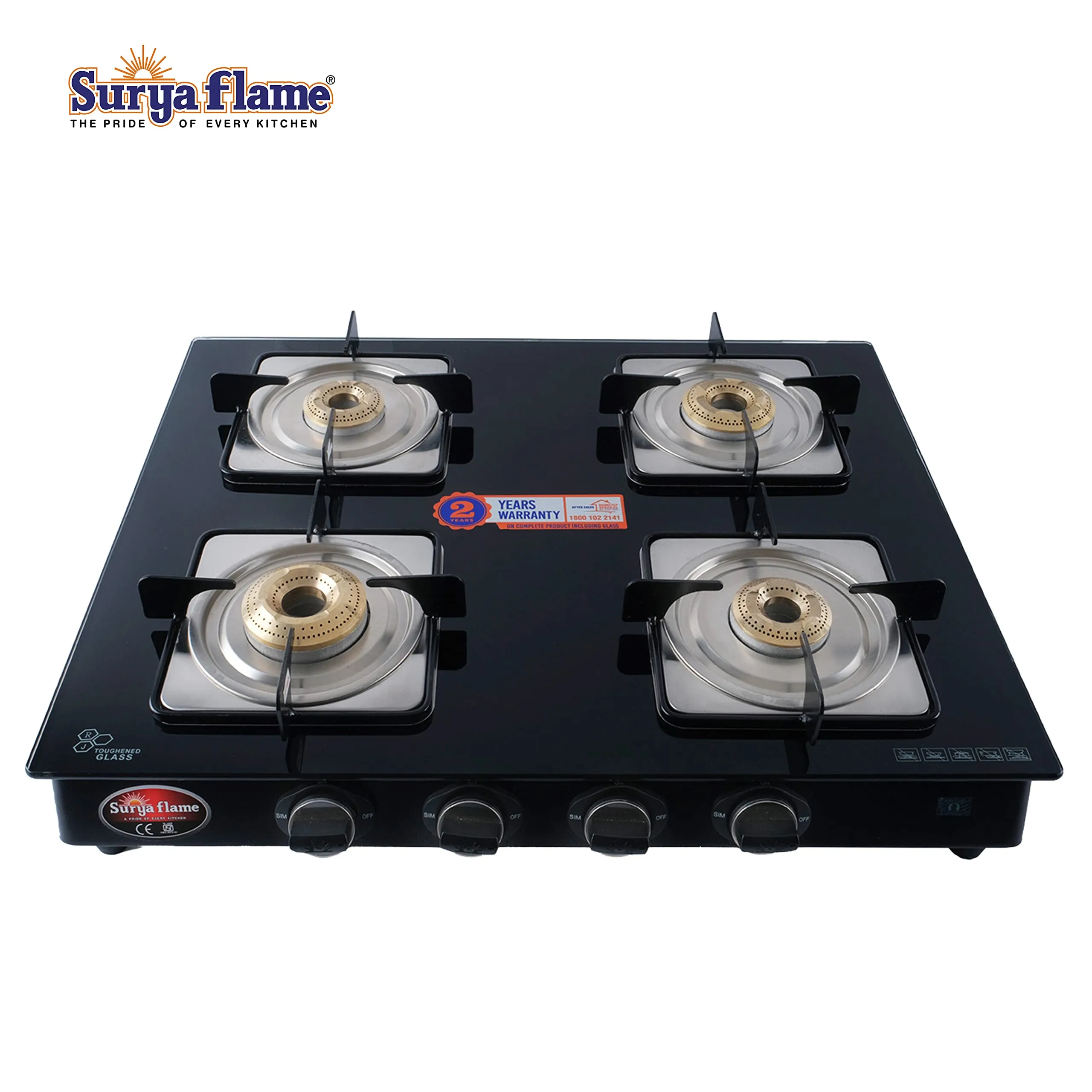 Surya Flame Nexa LPG Gas Stove 4 Burners Glass Top | LPG Gas Dual Layer Rubber Hose Pipe 1.5M | Premier Stainless Steel Gas Lighter with Knife