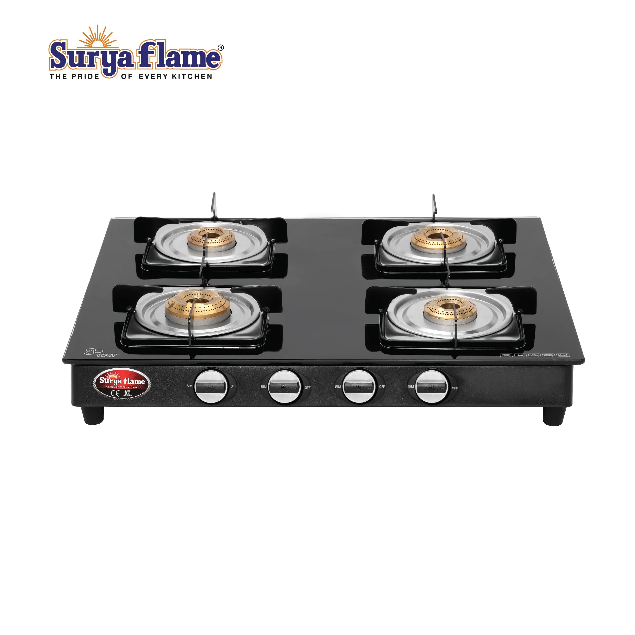 Surya Flame Nexa LPG Gas Stove 4 Burners Glass Top | LPG Gas Dual Layer Rubber Hose Pipe 1.5M | Premier Stainless Steel Gas Lighter with Knife