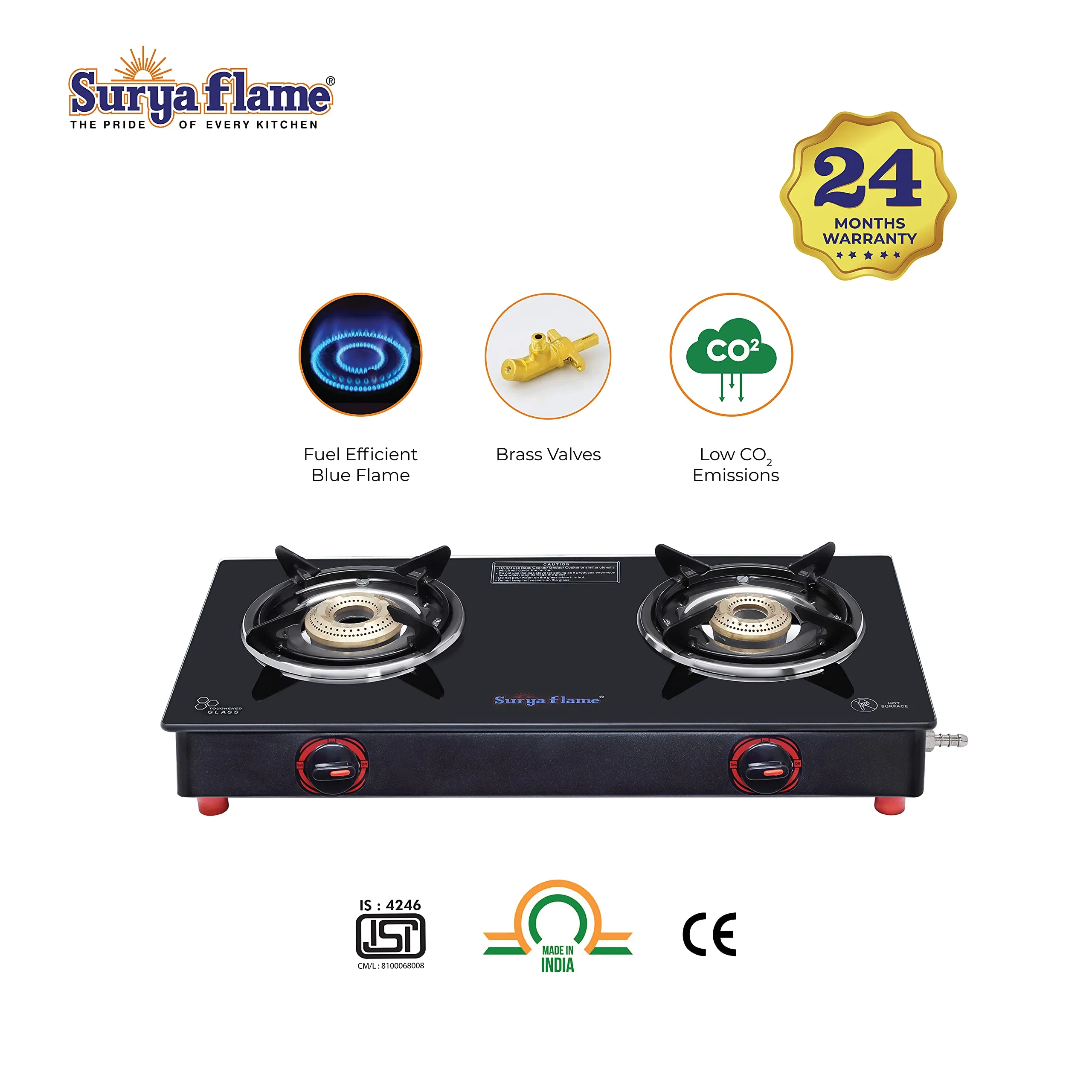 Surya Flame Smart Gas Stove 2 Burners Glass Top LPG Stove | LPG Gas Dual Layer Rubber Hose Pipe 1.5M | Stainless Steel Elegant Gas Stove Lighter With Knife, Peeler Knife and Shredder (Pack of 4)