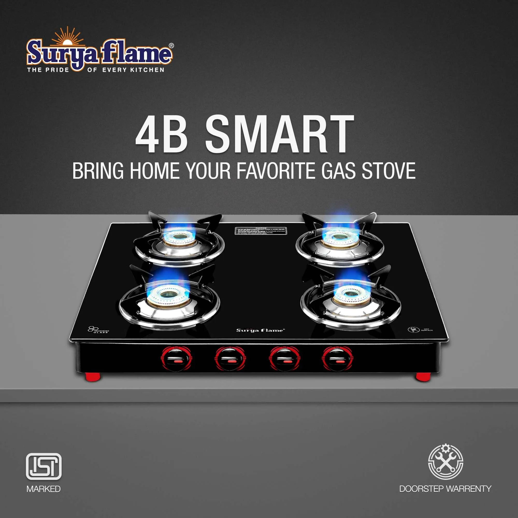 Surya Flame Smart Gas Stove 4 Burner Glass Top | LPG Gas Stove With Jumbo Burner | Unbreakable ABS Knobs | Anti Skid Legs | Rust Free Body - 2 Years Complete Doorstep Warranty