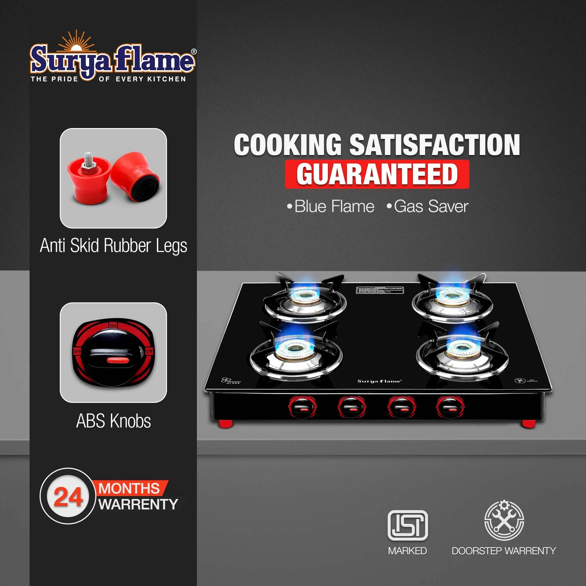 Surya Flame Smart Gas Stove 4 Burner Glass Top | LPG Gas Stove With Jumbo Burner | Unbreakable ABS Knobs | Anti Skid Legs | Rust Free Body - 2 Years Complete Doorstep Warranty