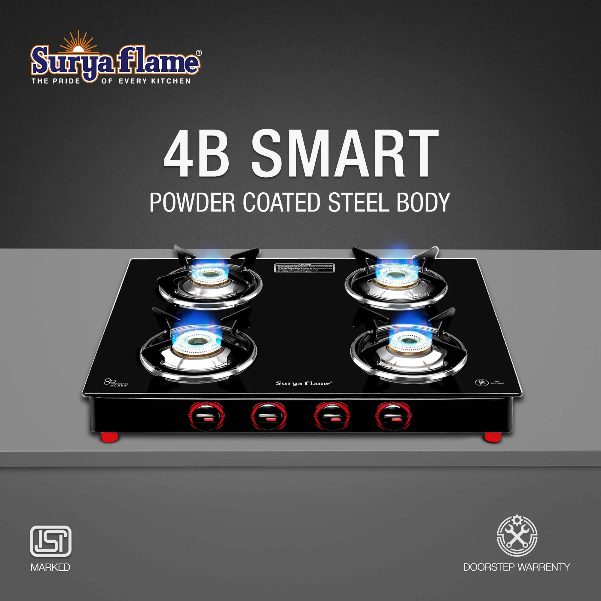 Surya Flame Smart Gas Stove 4 Burner Glass Top | LPG Gas Stove With Jumbo Burner | Unbreakable ABS Knobs | Anti Skid Legs | Rust Free Body - 2 Years Complete Doorstep Warranty