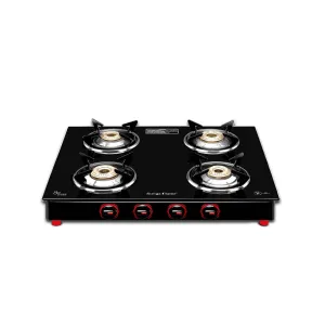 Surya Flame Smart Gas Stove 4 Burner Glass Top | LPG Gas Stove With Jumbo Burner | Unbreakable ABS Knobs | Anti Skid Legs | Rust Free Body - 2 Years Complete Doorstep Warranty