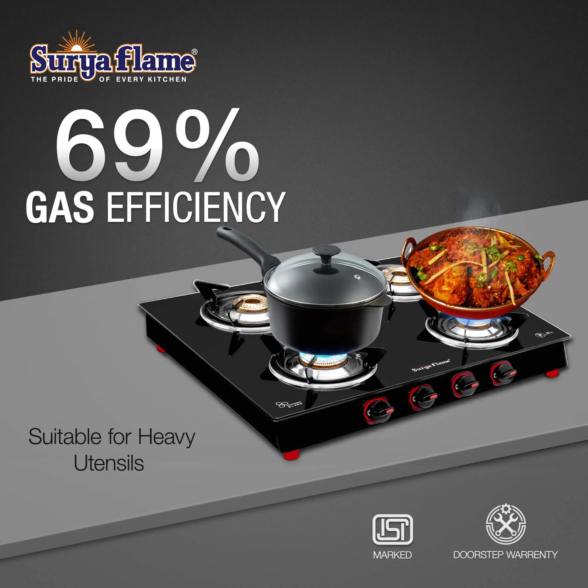 Surya Flame Smart Gas Stove 4 Burner Glass Top | LPG Gas Stove With Jumbo Burner | Unbreakable ABS Knobs | Anti Skid Legs | Rust Free Body - 2 Years Complete Doorstep Warranty