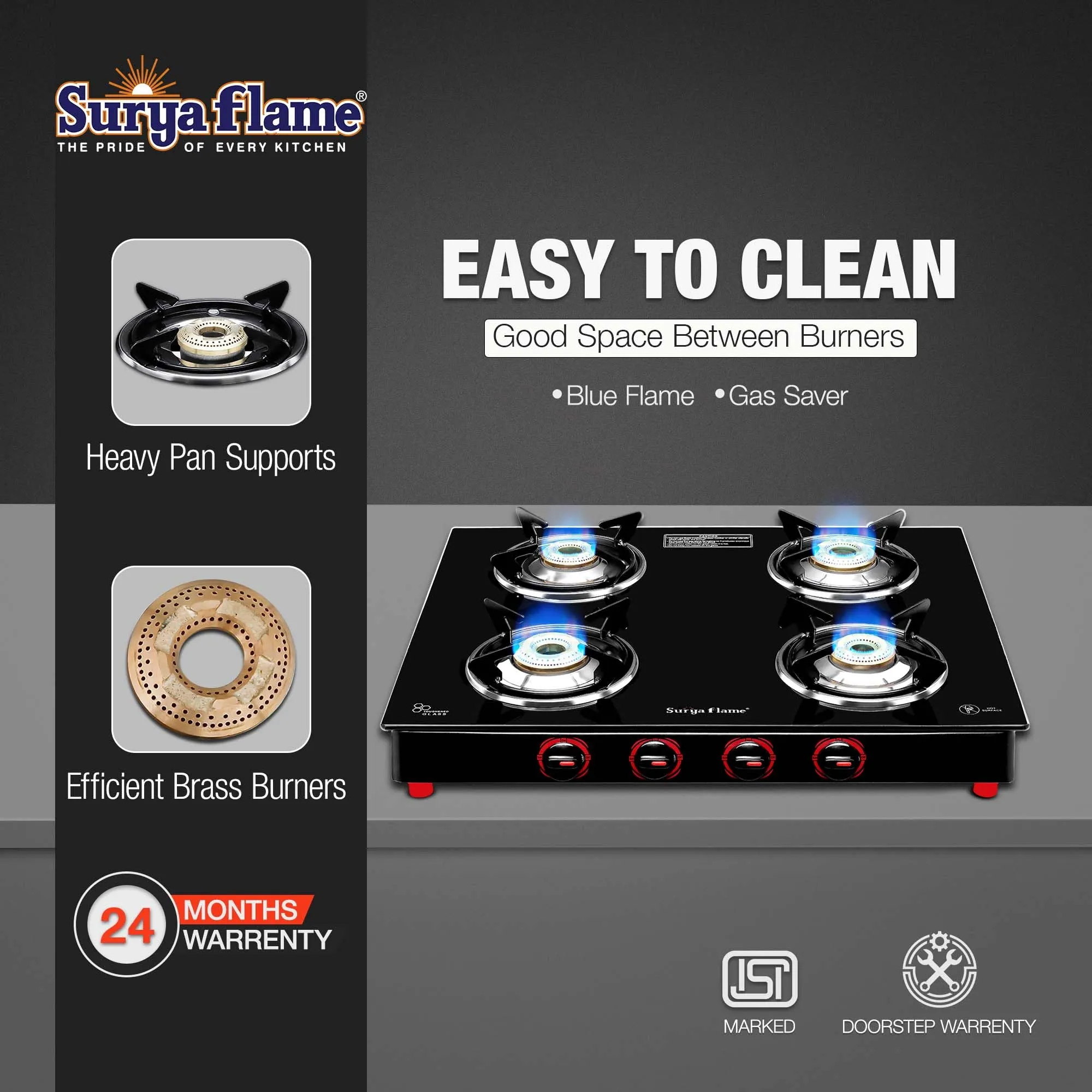 Surya Flame Smart Gas Stove 4 Burner Glass Top | LPG Gas Stove With Jumbo Burner | Unbreakable ABS Knobs | Anti Skid Legs | Rust Free Body - 2 Years Complete Doorstep Warranty