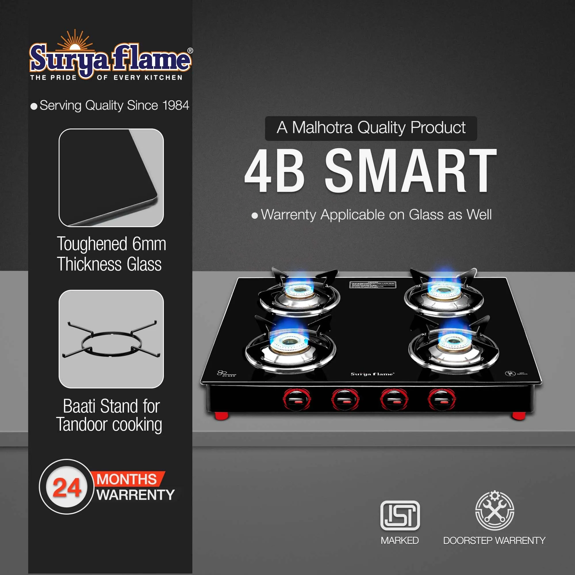 Surya Flame Smart Gas Stove 4 Burner Glass Top | LPG Gas Stove With Jumbo Burner | Unbreakable ABS Knobs | Anti Skid Legs | Rust Free Body - 2 Years Complete Doorstep Warranty