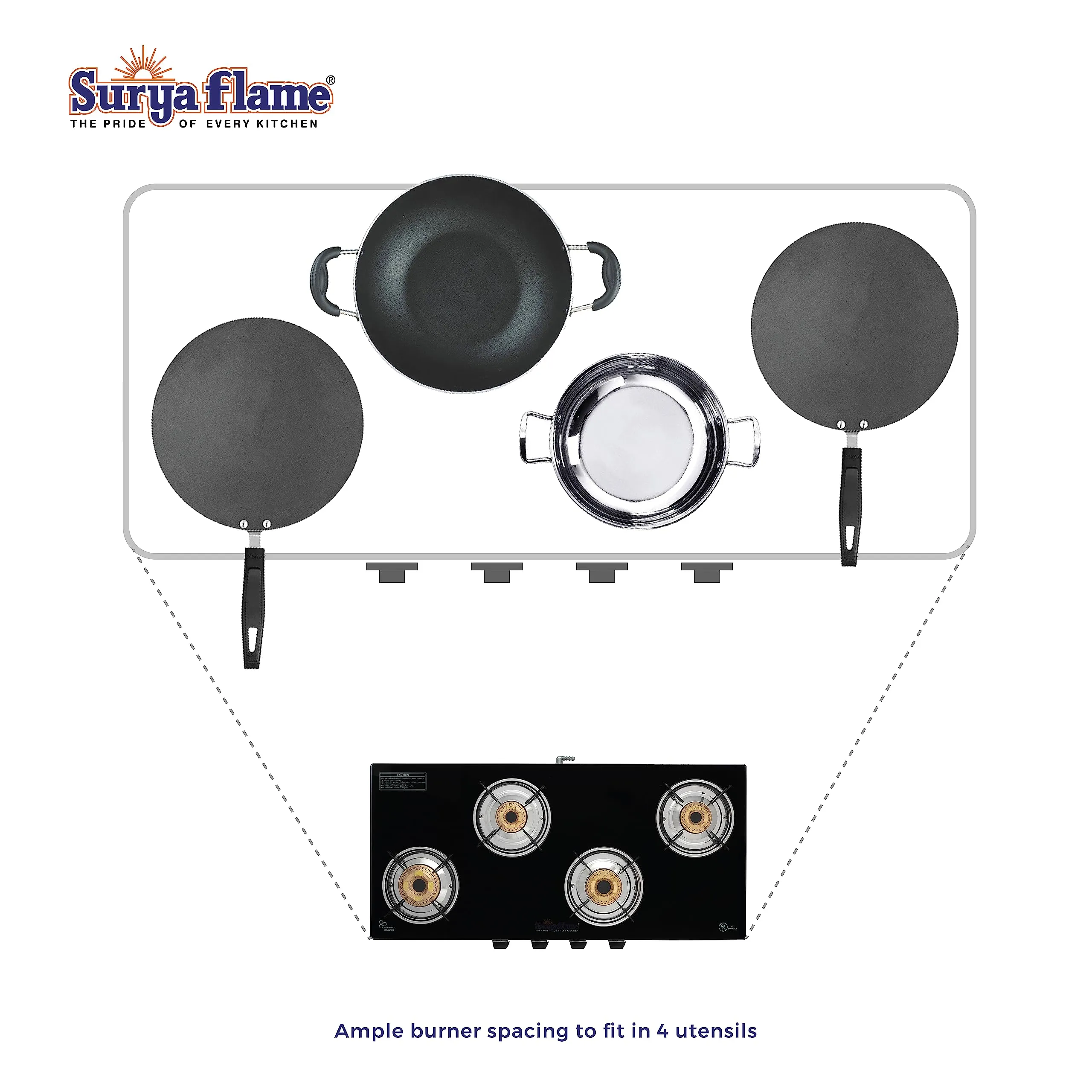 Surya Flame Supreme Gas Stove 4 Burners Glass Top | Stainless Steel Body | LPG Stove with Jumbo Burner & Spill Proof Design - 2 Years Complete Doorstep Warranty(Pack of 2)