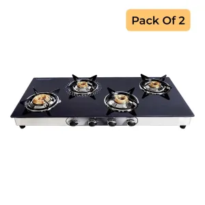 Surya Flame Supreme Gas Stove 4 Burners Glass Top | Stainless Steel Body | LPG Stove with Jumbo Burner & Spill Proof Design - 2 Years Complete Doorstep Warranty(Pack of 2)