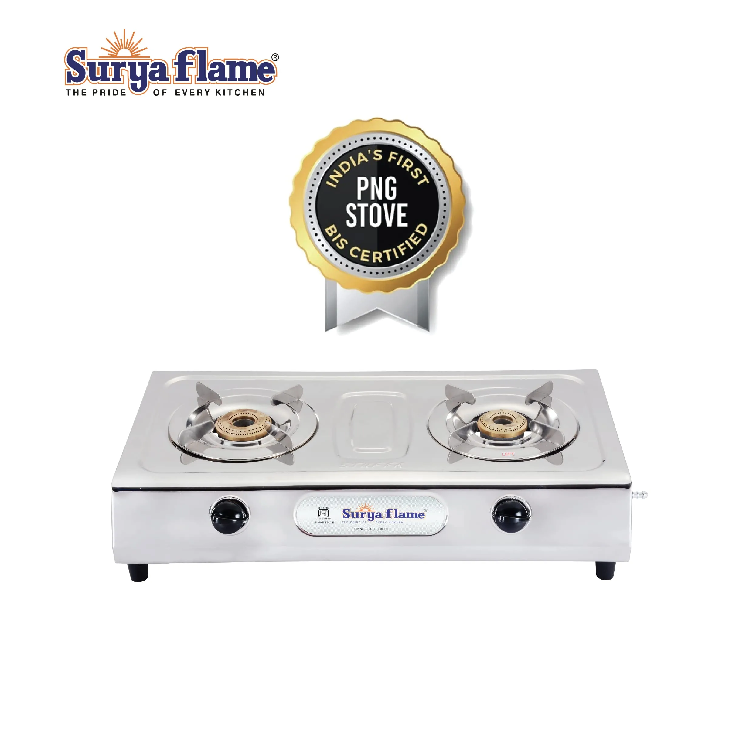 Surya Flame Ultimate Gas Stove 2 Burners | India's First ISI Certifed Stainless Steel Body Manual PNG Stove | Direct use for Pipeline Gas - 2 Years Complete Doorstep Warranty(Pack of 2)