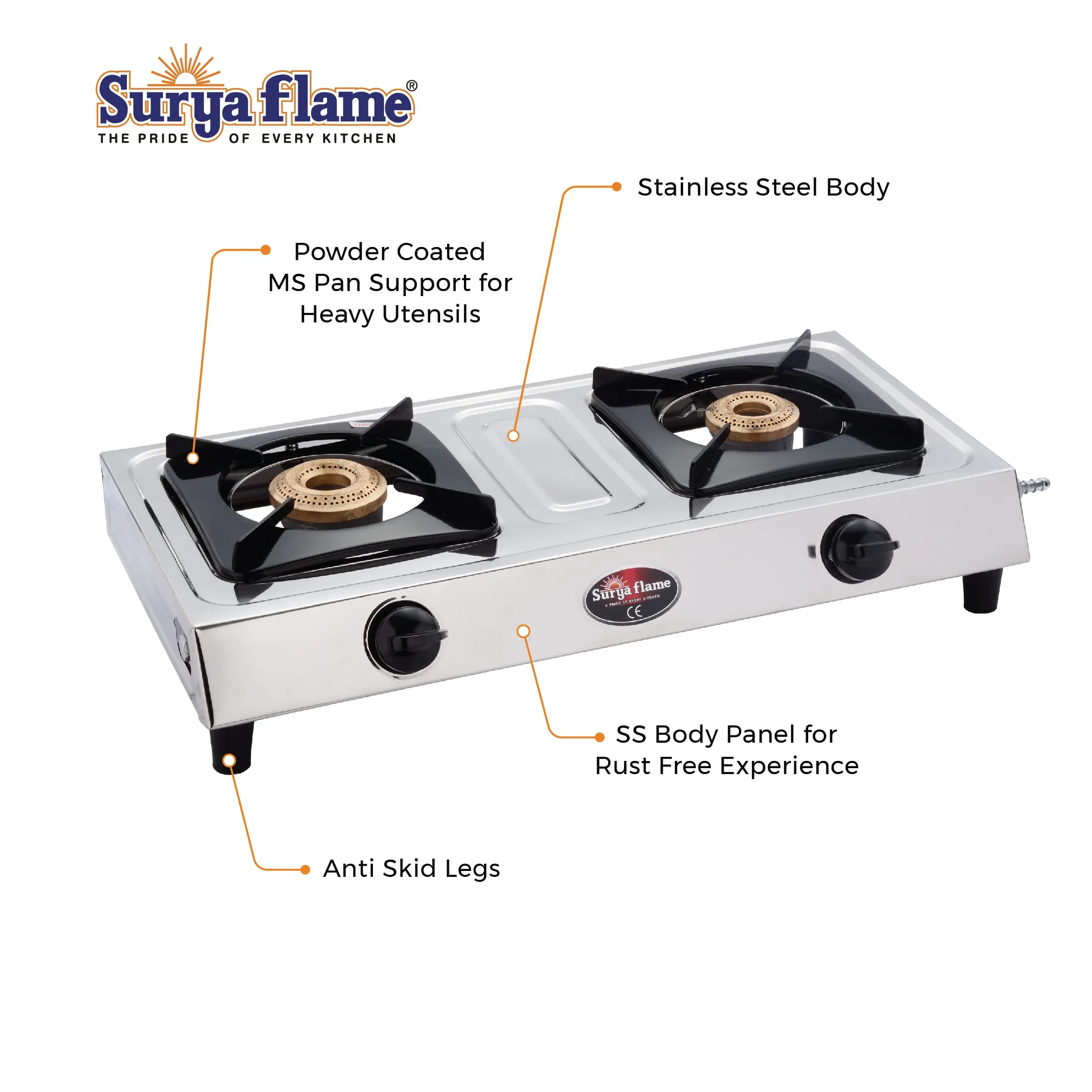 Surya Flame Vista Gas Stove 2 Burners Manual LPG Stove | LPG Gas Dual Layer Rubber Hose Pipe 1.5M | Chrome Stainless Steel Gas Lighter (Pack of 2)