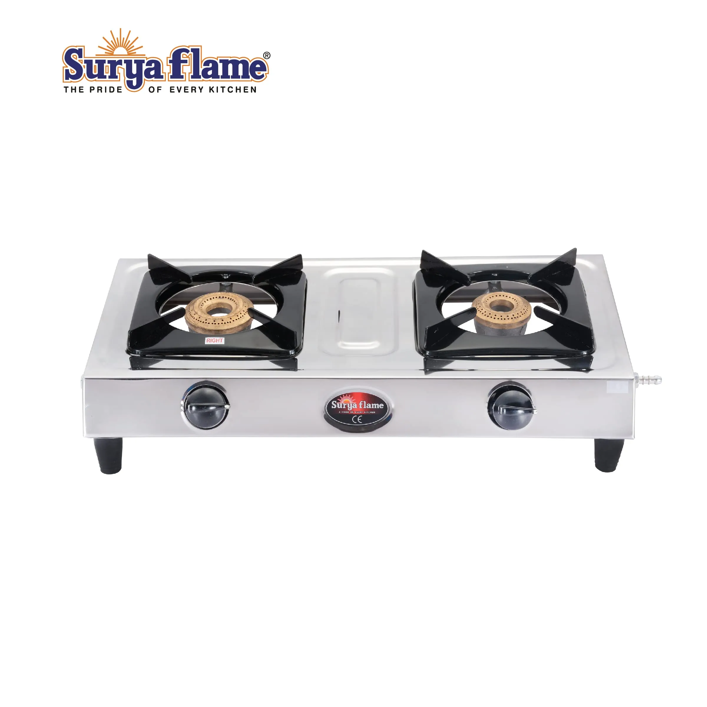 Surya Flame Vista Gas Stove 2 Burners Manual LPG Stove | LPG Gas Dual Layer Rubber Hose Pipe 1.5M | Chrome Stainless Steel Gas Lighter (Pack of 2)