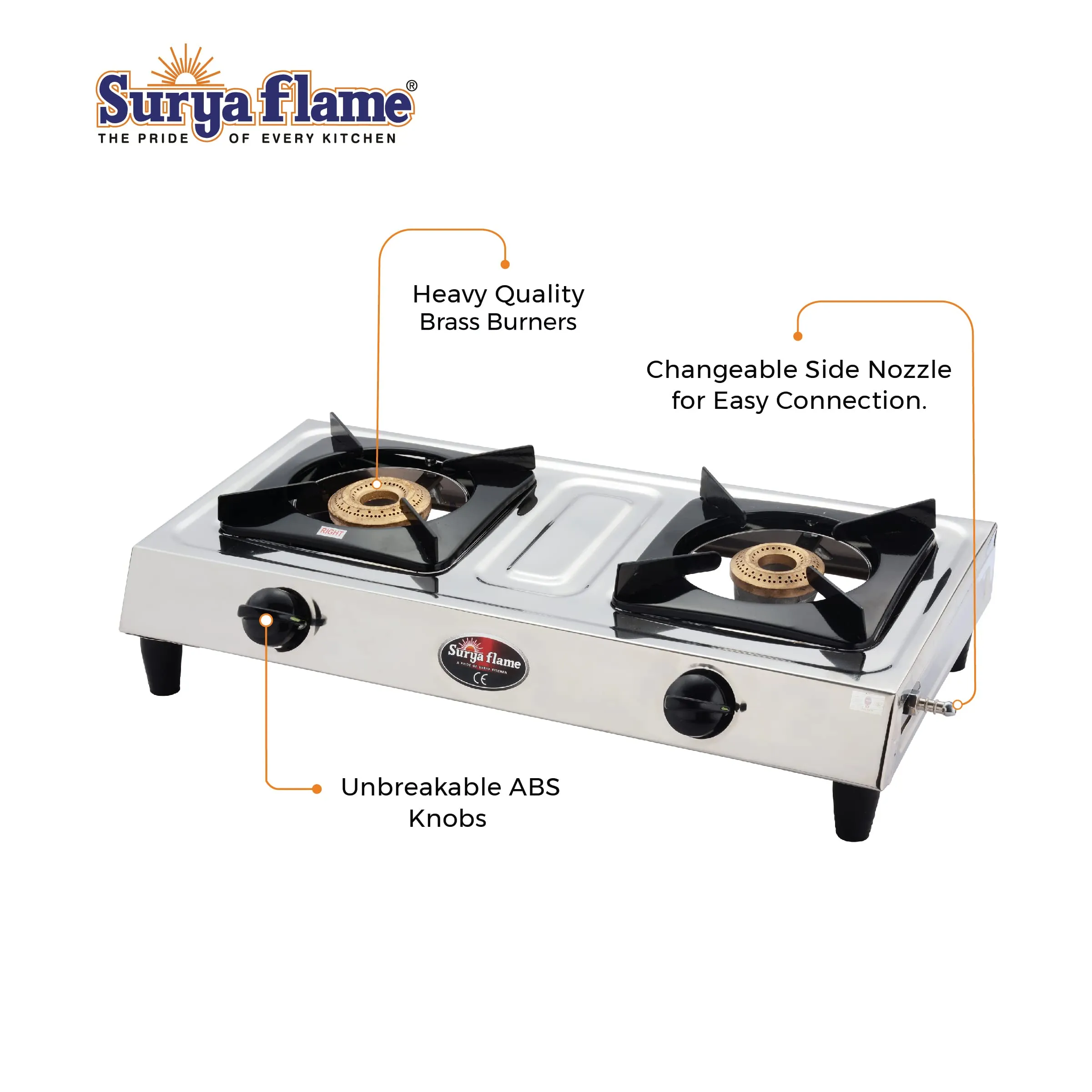 Surya Flame Vista Gas Stove 2 Burners Manual LPG Stove | LPG Gas Dual Layer Rubber Hose Pipe 1.5M | Chrome Stainless Steel Gas Lighter (Pack of 2)