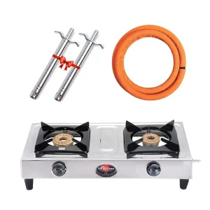 Surya Flame Vista Gas Stove 2 Burners Manual LPG Stove | LPG Gas Dual Layer Rubber Hose Pipe 1.5M | Chrome Stainless Steel Gas Lighter (Pack of 2)