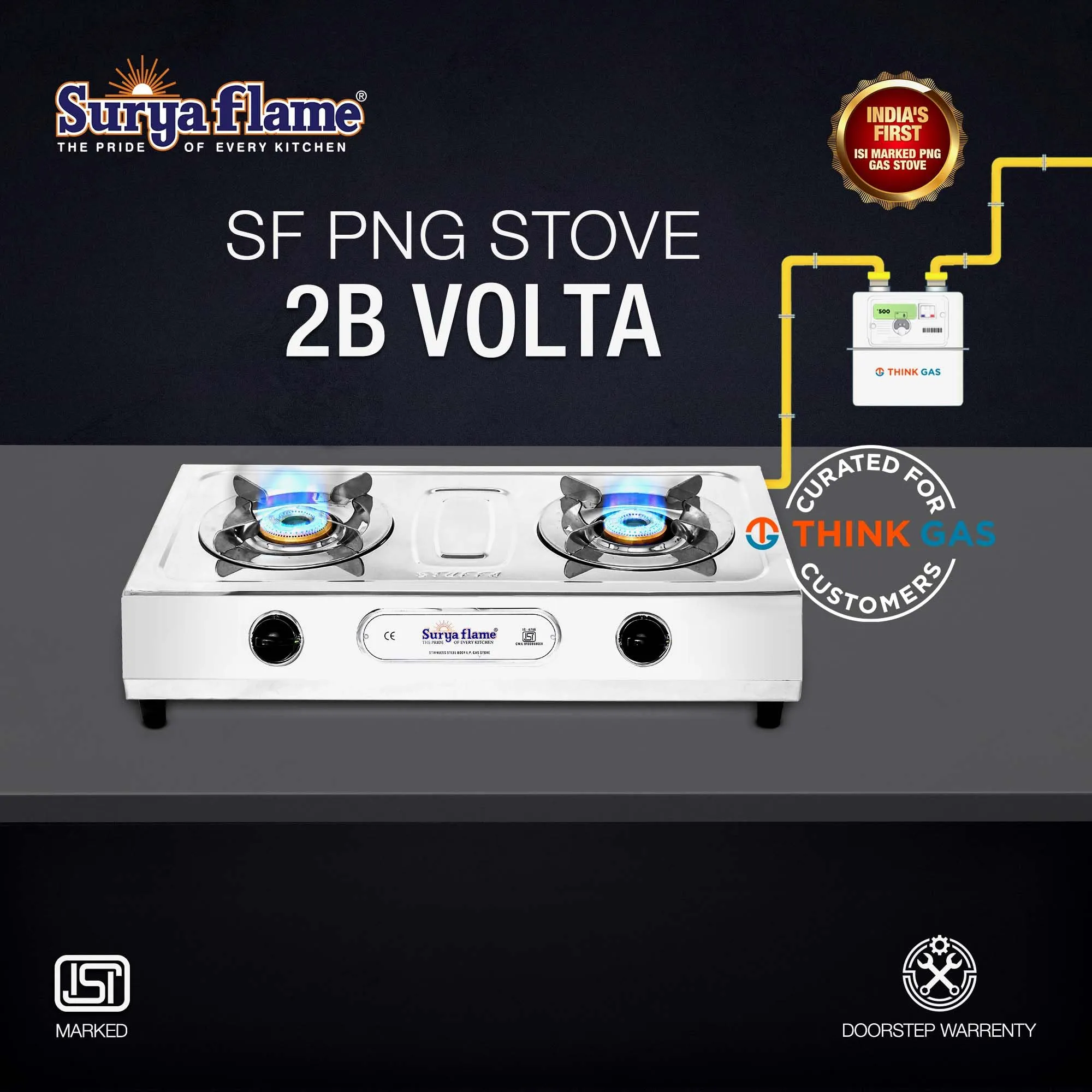 Surya Flame Volta Gas Stove 2 Burners | India's First ISI Certifed Stainless Steel Body Manual PNG Stove | Direct use for Pipeline Gas - 2 Years Complete Doorstep Warranty