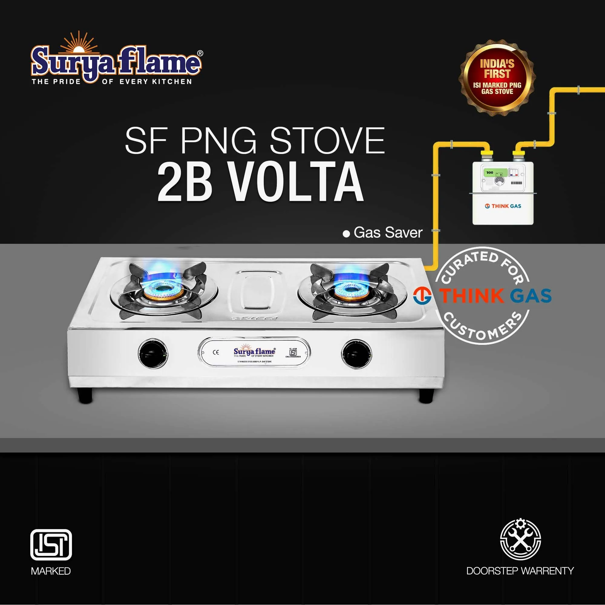 Surya Flame Volta Gas Stove 2 Burners | India's First ISI Certifed Stainless Steel Body Manual PNG Stove | Direct use for Pipeline Gas - 2 Years Complete Doorstep Warranty