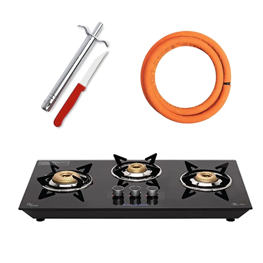 SuryaFlame Apollo Round Hob Top 3 Burners Manual Glass Stove | LPG Gas Dual Layer Rubber Hose Pipe 1.5M | Premier Stainless Steel Gas Lighter with Knife