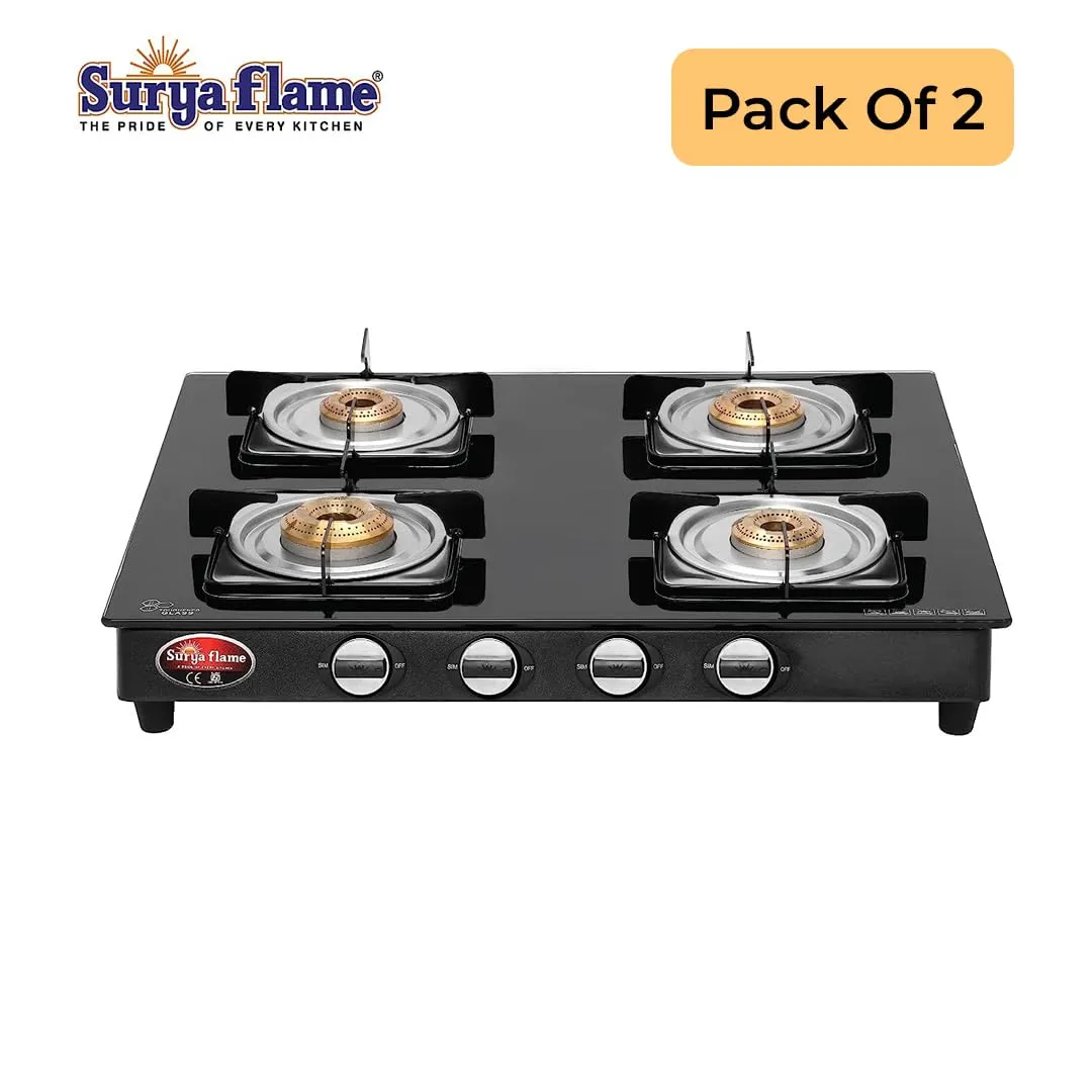 SuryaFlame Nexa LPG Gas Stove | Gas Stove 4 Burners | Glass Top With Stainless Steel Body | 2 Years Complete Door Step Warranty Including Glass - Black(Pack of 2)