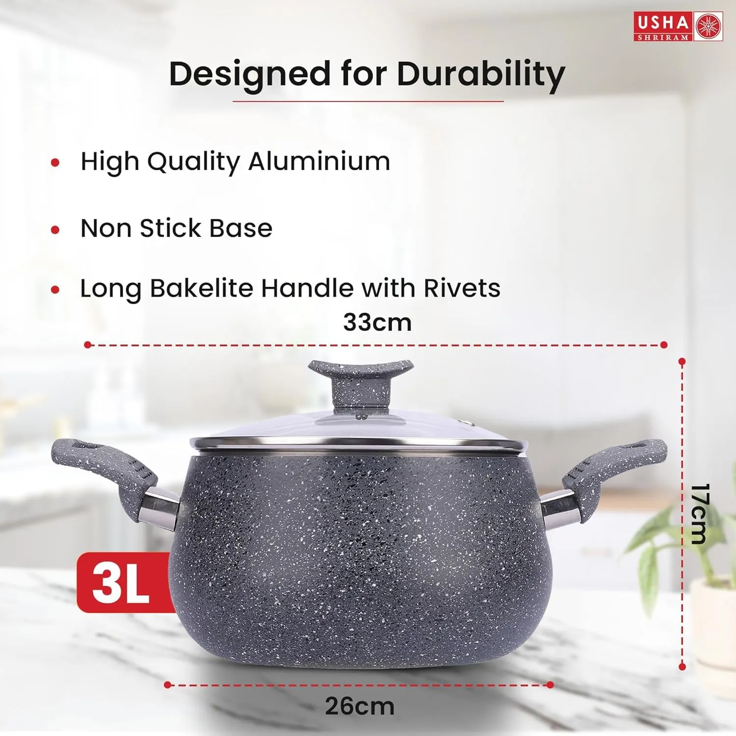 USHA SHRIRAM 3 pcs Pots and Pans Non Stick 3L Big Biryani Handi(with lid), 18cm Frying Pan,24cm Roti Tawa |Gas Stove, Non-Stick, Easy-Grip |Aluminium, Scratch-Resistant | Grey | Pack of 3