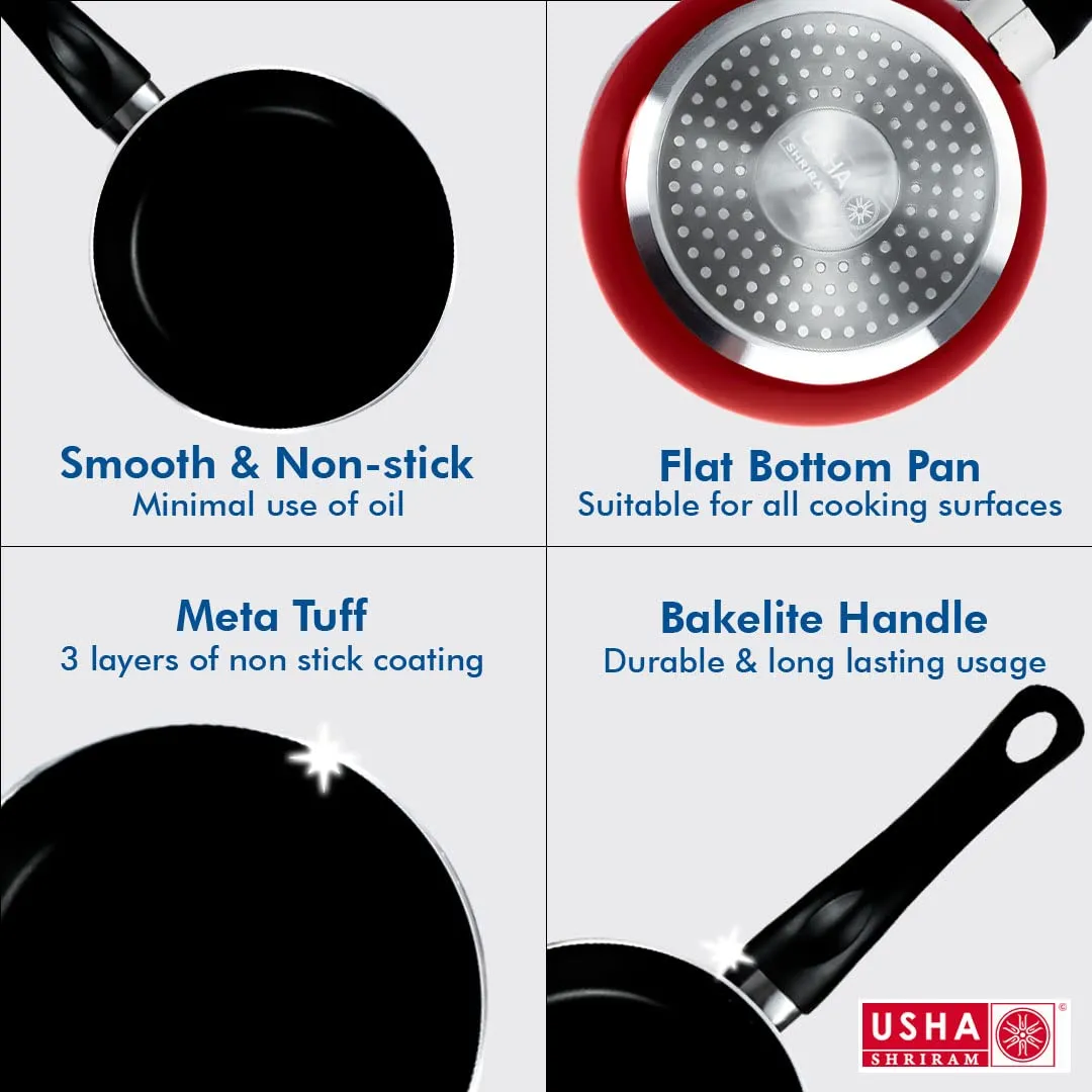 USHA SHRIRAM Non Stick Fry Pan (22cm) & Silicone Spatula Set (5Pcs) | Minimum Oil Usage | Non Stick Pan Cookware Set | Induction & Gas Fry Pan | Heat Resistant Sptaula Set| Wedding Diwali Gift Set