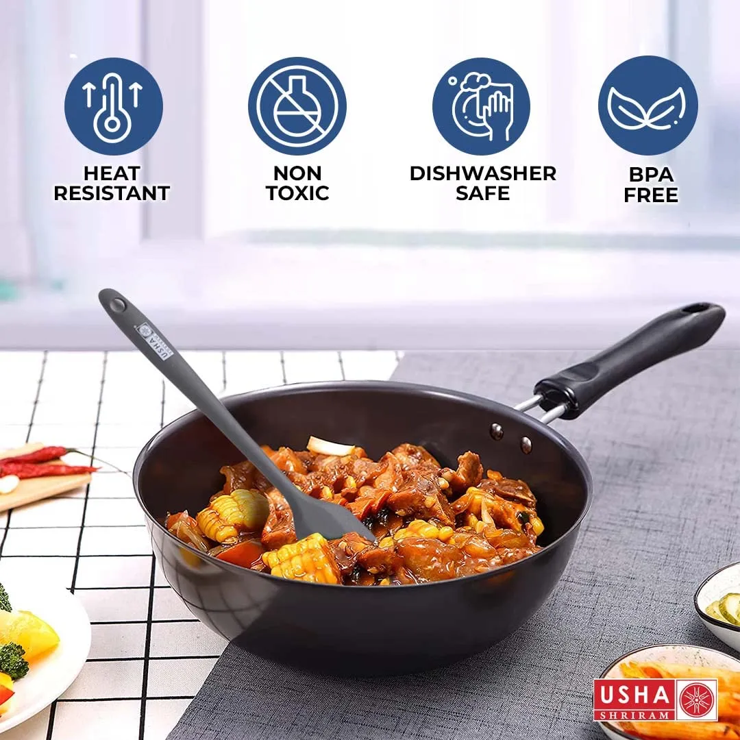 USHA SHRIRAM Non Stick Fry Pan (22cm) & Silicone Spatula Set (5Pcs) | Minimum Oil Usage | Non Stick Pan Cookware Set | Induction & Gas Fry Pan | Heat Resistant Sptaula Set| Wedding Diwali Gift Set