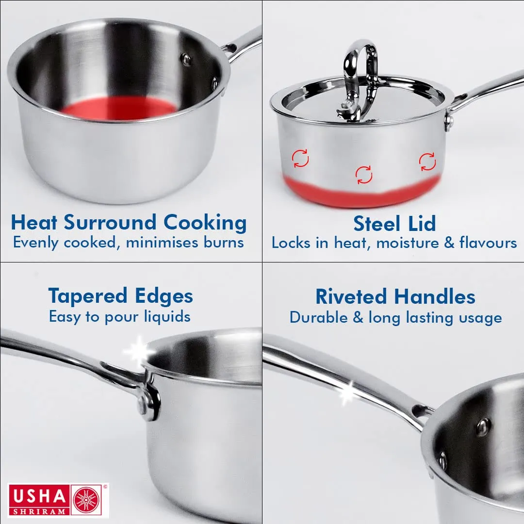 USHA SHRIRAM Triply Stainless Steel Sauce Pan with Lid (2Pcs - 1.4L, 2.2L)| Stove & Induction Cookware | Small Induction Sauce Pan for Tea with Long Handle | Steel Sauce Soup Pan for Tea | Milk Pan